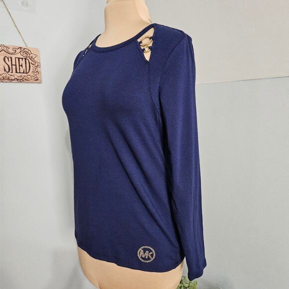 MICHAEL Michaek Kors Top Womens Small Gold Toned Shoulder Cutout Blue Cotton - Picture 4 of 13